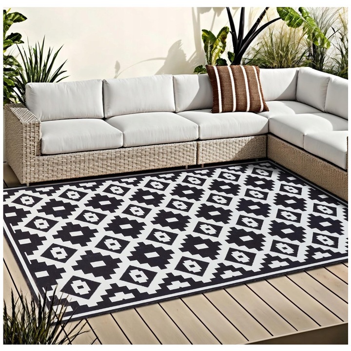 Covor exterior, geometric, 150x240cm, alb-negru