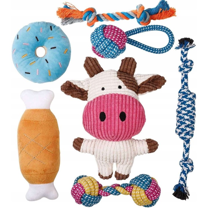Set jucarii pentru caini, 7x snururi de mestecat, vaca din plus