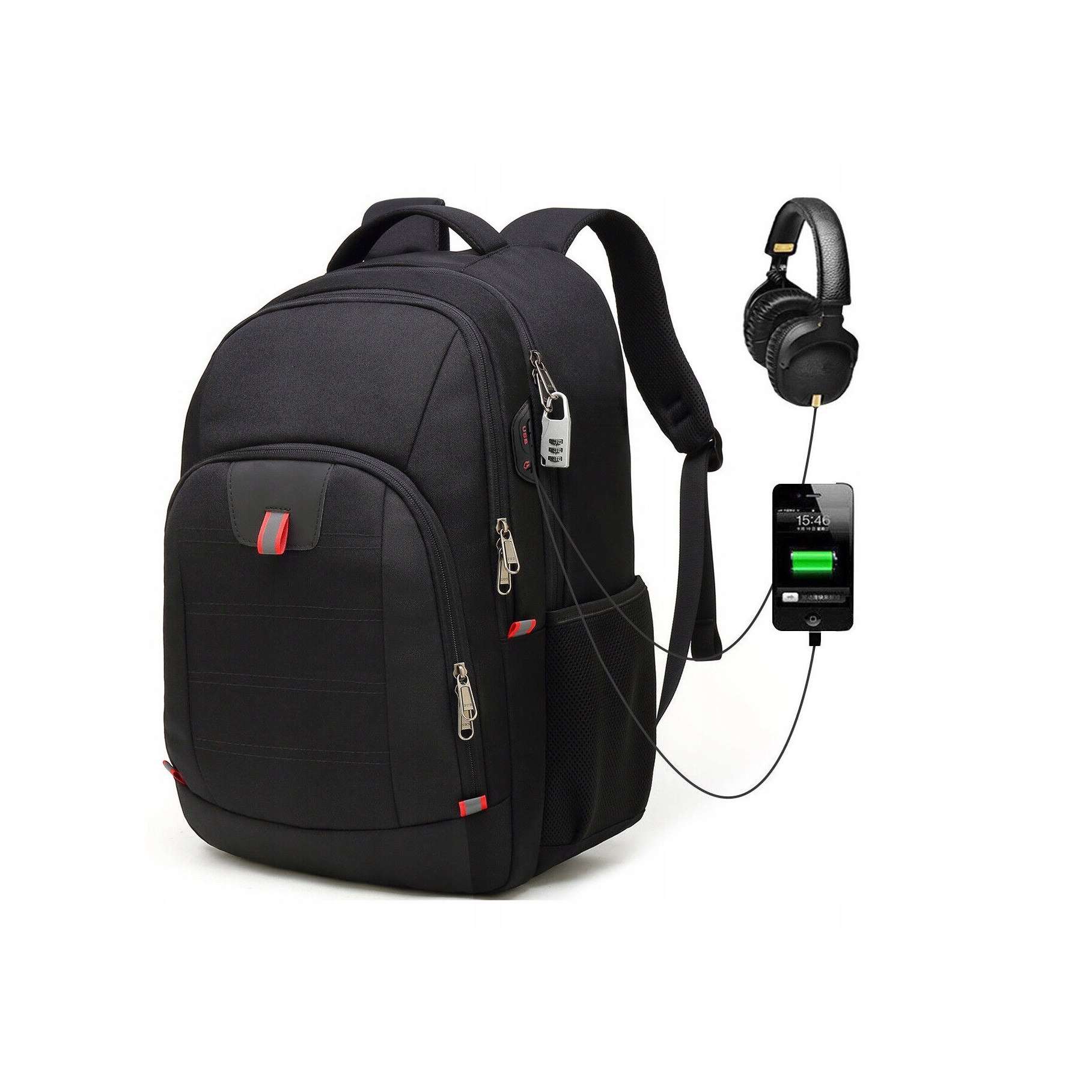 Rucsac calator pentru laptop 15,6", 25L, impermeabil, 45,5x30,5x20cm, negru, set cu lacat