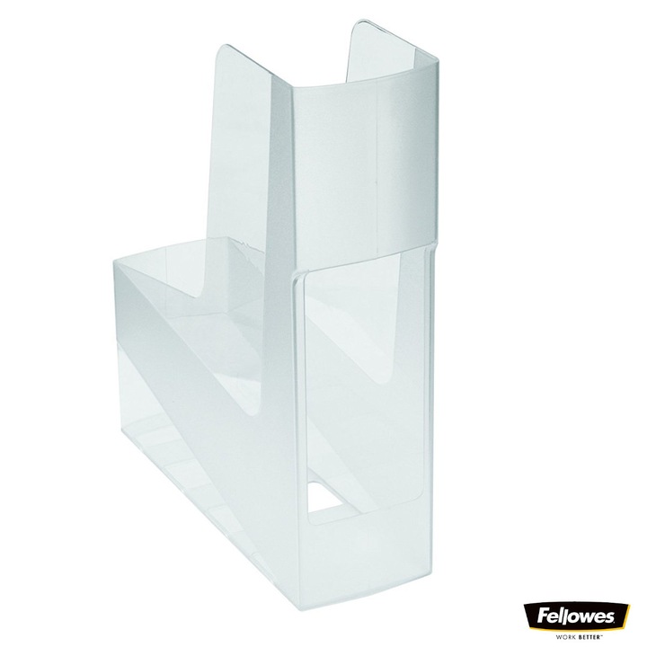 Suport documente plastic vertical, Fellowes, 80% material reciclat, culoare transparent, pentru reviste si cataloage, dimensiuni 300 x 84 x 266 mm