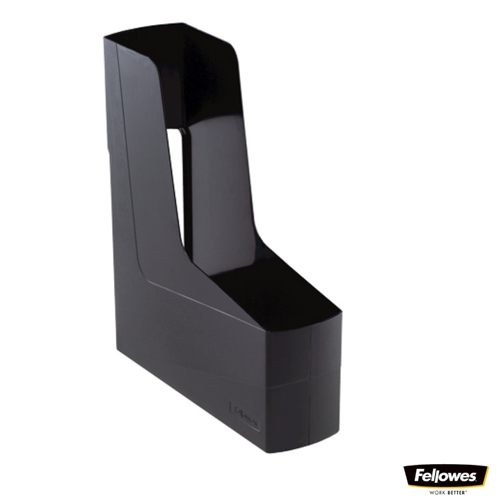 Suport documente plastic vertical, Fellowes, 80% material reciclat, culoare negru, pentru reviste si cataloage, dimensiuni 300 x 84 x 266 mm