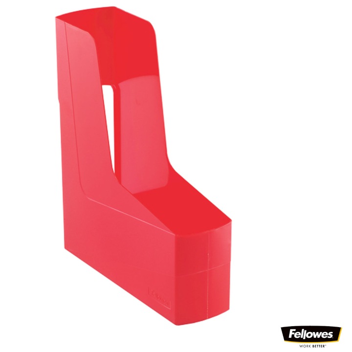 Suport documente plastic vertical, Fellowes, 80% material reciclat, culoare rosu, pentru reviste si cataloage, dimensiuni 300 x 84 x 266 mm