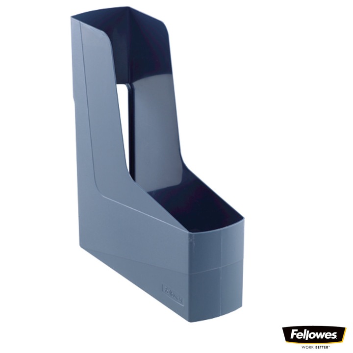 Suport documente plastic vertical, Fellowes, 80% material reciclat, culoare albastru, pentru reviste si cataloage, dimensiuni 300 x 84 x 266 mm