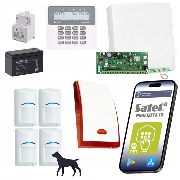 Комплект аларма Satel с 4 сензора за движение Bosch, GSM модул, мобилно приложение, защита за домашни любимци, 12V