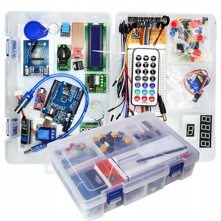 XXL készlet Arduino UNO programozás tanulásához, 42 alkatrész, rendszerező, többszínű