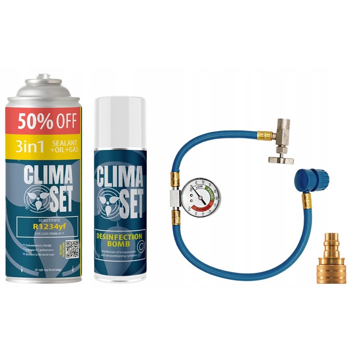 Set de umplere si intretinere climatizare ClimaSet R1234yf 470g, cu ulei si odorizant, adaptor, furtun cu manometru