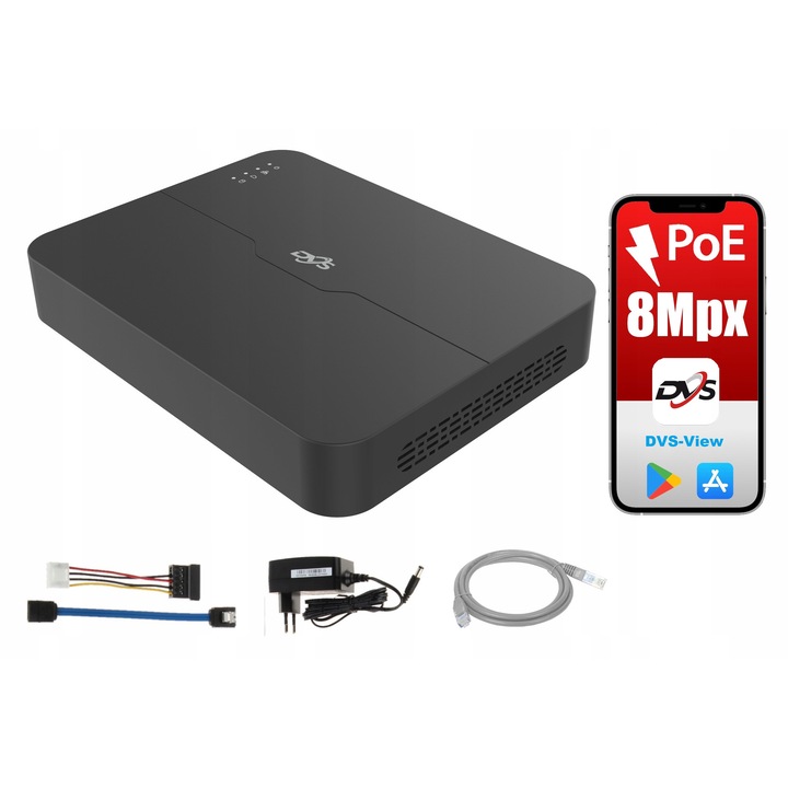 Retea de inregistrare video DVS-NVR0801-U8-POE, suport 8 camere, 4K Ultra HD, PoE, 205x205x46mm