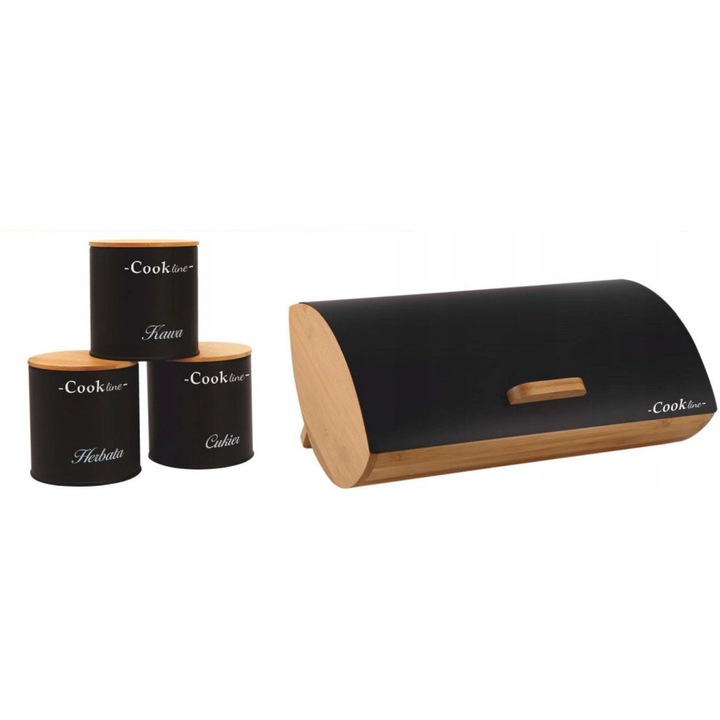 Cutie alimentara Cook Line, chlebak mare negru cu 3x recipiente pentru cafea, ceai si zahar, 36,5x25x13cm