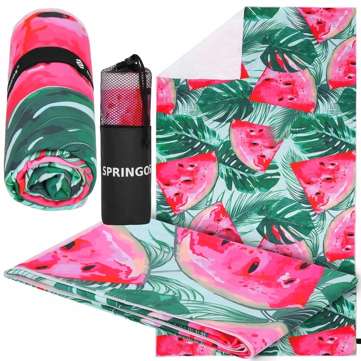 Prosop de plaja Springos, 90x180cm, microfibra, rapid uscare, model arbuze si frunze, verde si roz