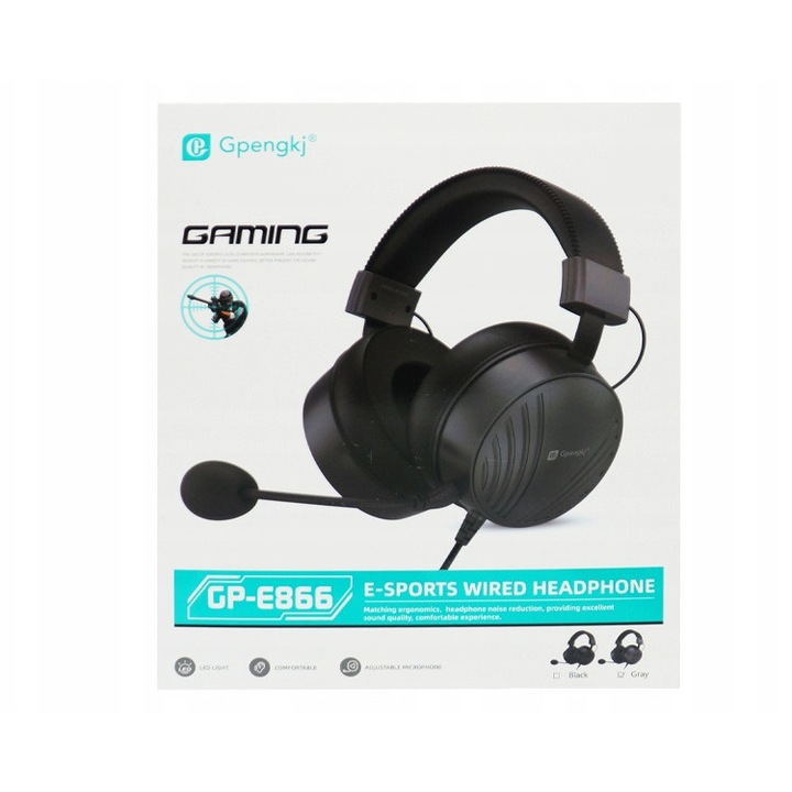 GPENGKJ GP-E866 gamer fejhallgató, érzékeny mikrofon, 2m kábel, mini Jack 3,5mm, USB