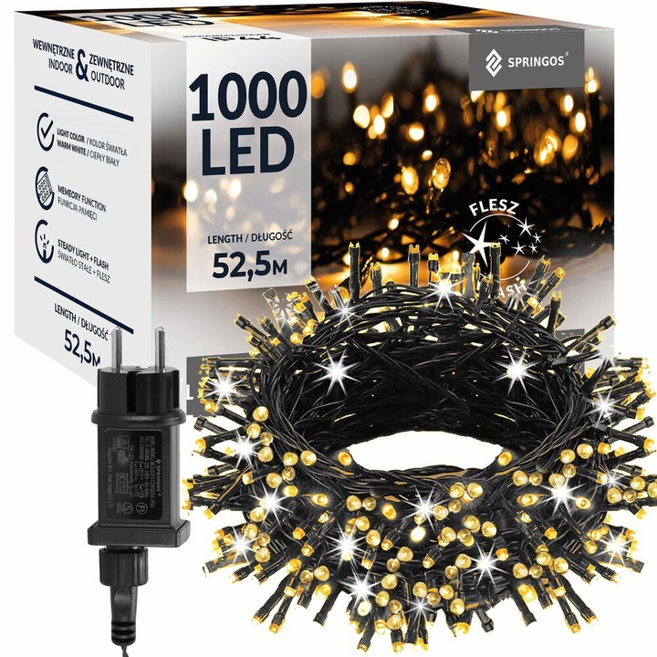 Karácsonyi lámpa 1000 LED-del, 52m, meleg fehér + hideg fehér villogó, bel- és kültéri használatra, CE, RoHS tanúsítvánnyal