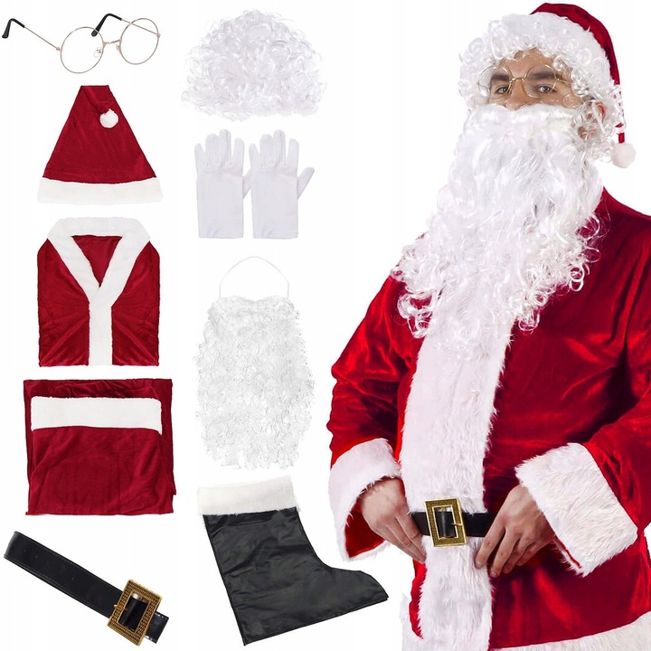 Costum de Mos Craciun, Springos, 9 piese, rosu, universal