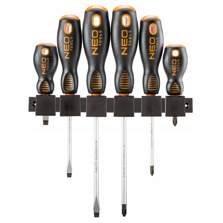 Set 6 surubelnite NEO Tools, otel S2, magnetica, maner TPR, dimensiuni: 6x125mm, 5x100mm, 3x75mm, PH2x125mm, PH1x100mm, PH0x75mm