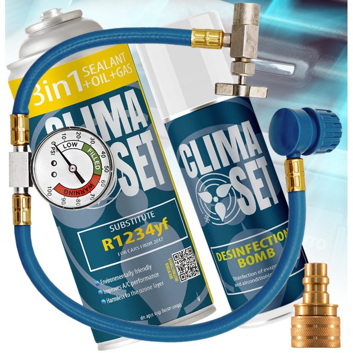 Set de umplere si curatare climatizare ClimaSet R1234yf 340g, cu ulei si adaptor, inclus manometru, pentru masini din 2016+