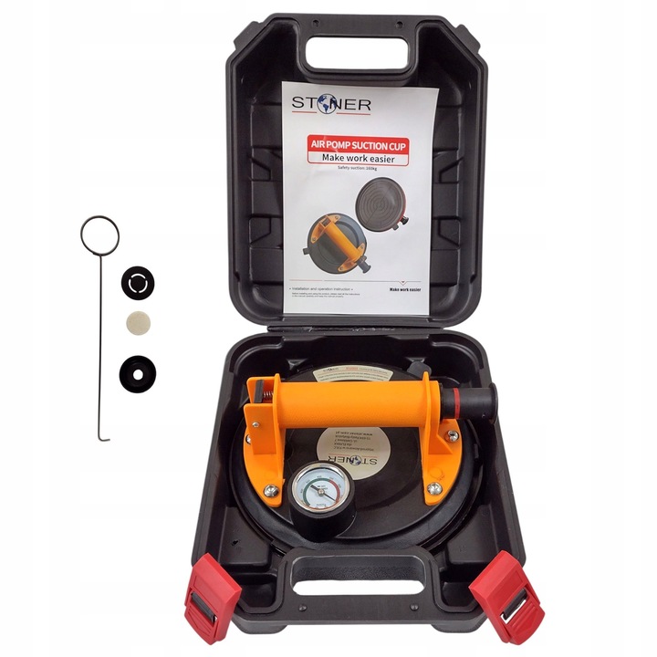 Priza vacuum cu pompa si manometru Stoner, 200mm, capacitate 190kg, negru-portocalie