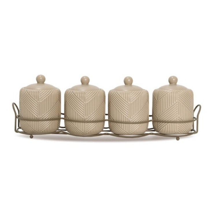 Set 4 recipiente ceramice pentru condimente Maestro GEOMETRY BEIGE, 200 ml, 11x8cm, suport metalic 37x9,5x8cm