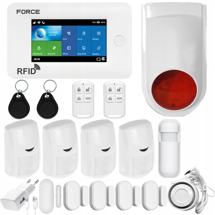 FORCE M106 GSM WiFi riasztórendszer, komplett szett, 5 mozgásérzékelő, 5 mágneses érzékelő, 2 távirányító, 18.6x12.6x7.25cm