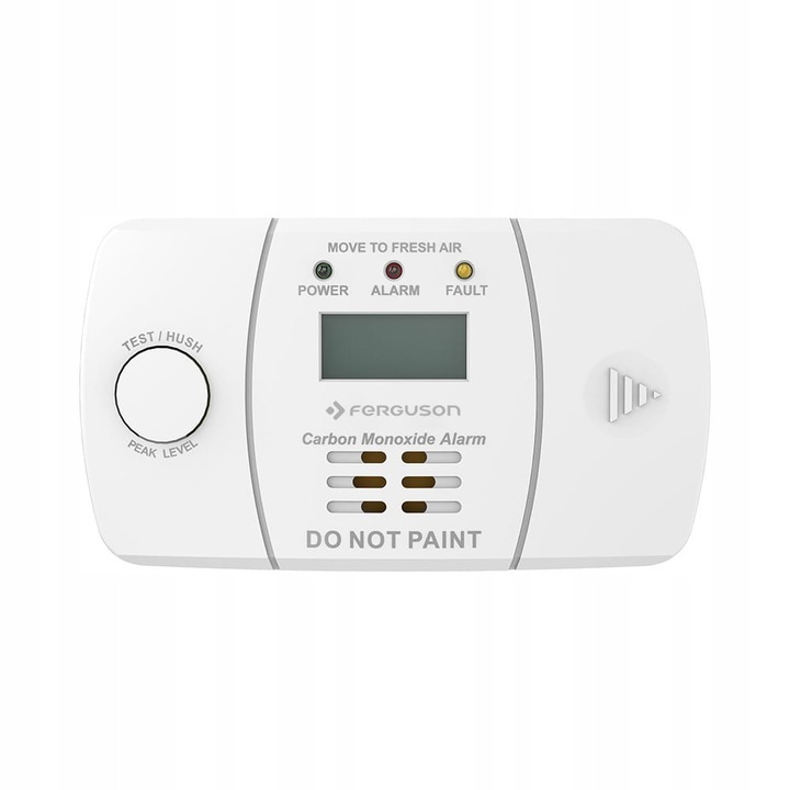 Cercetator de monoxid de carbon Ferguson FACO1, senzor electrochimic, alarma sonora > 85 dB, display LCD, alimentare 2xAA, montare pe perete sau tavan, set complet