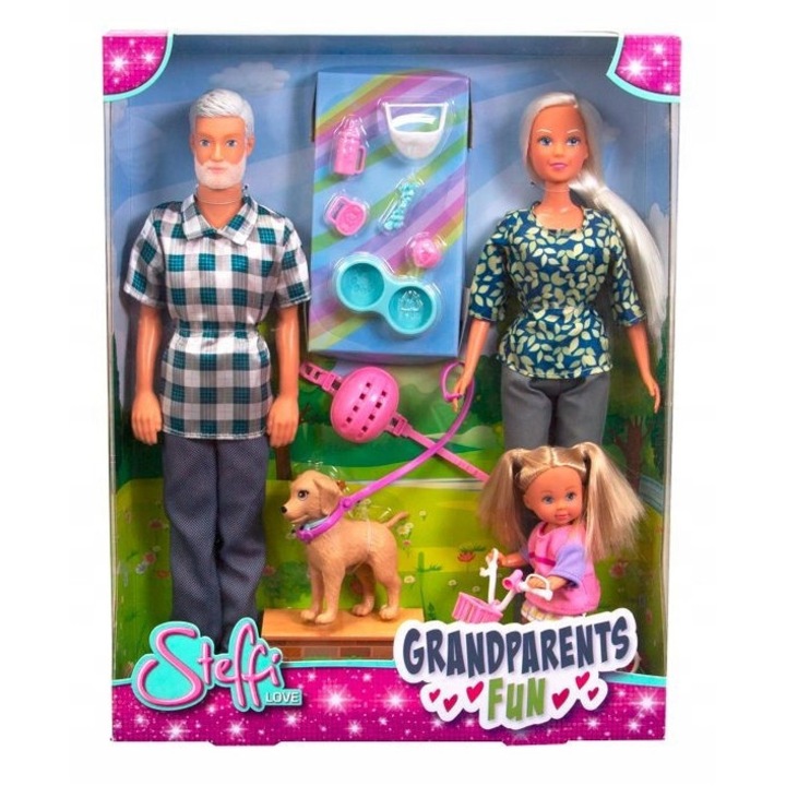 Комплект кукли Steffi Love, баба и дядо с внучка и куче, включени аксесоари, 30x12см