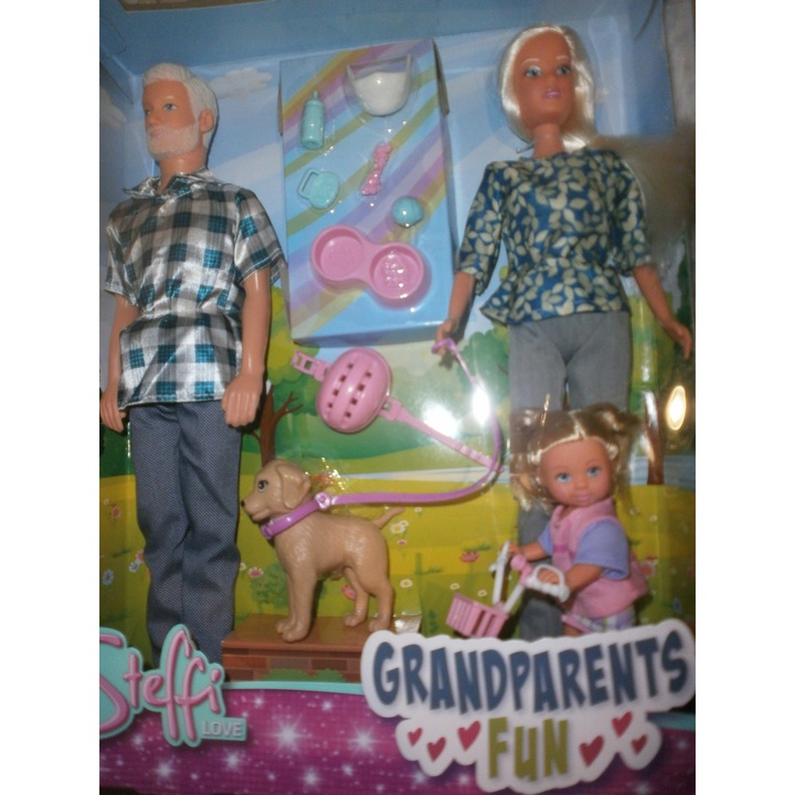 Комплект кукли Steffi Love, баба и дядо с внучка и куче, включени аксесоари, 30x12см