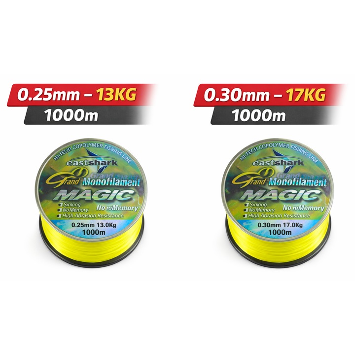 Set 2 Fire Monofilament Pescuit 1000m EastShark Magic – 0.25mm 13kg + 0.30mm 17kg Galben Neon – Crap Somn