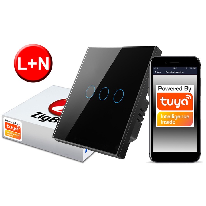 Érintőkapcsoló, ZigBee 3 áramkörös, RTX, Üveg, 8,6x8,6x2,4cm, Fekete