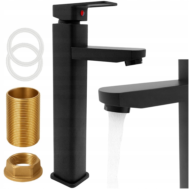 Санитарен смесител Focus Sanitar, висок, черен, квадратен, премиум