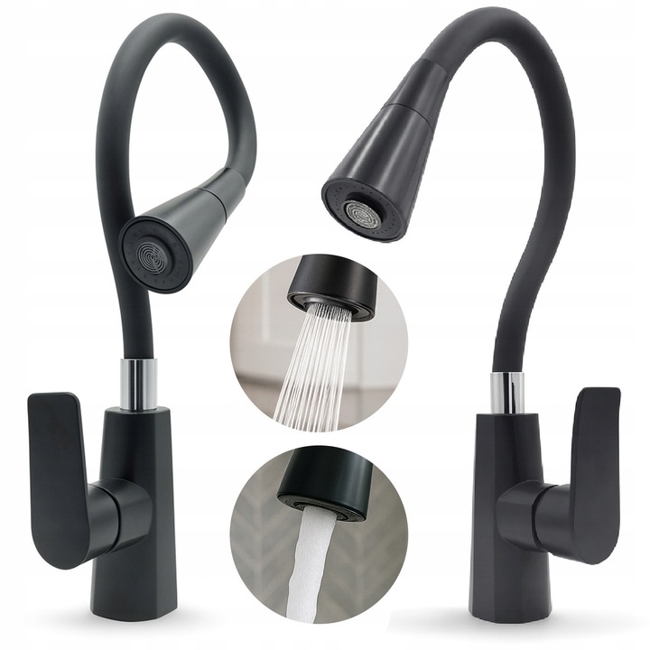 Baterie bucatarie neagra mata, cu duza rotativa 360, 2 moduri de jet, set complet