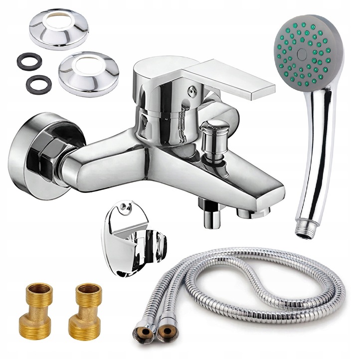 Baterie sanitara cu dus, crom, 21x18cm, set complet cu furtun de 120cm si suport de perete