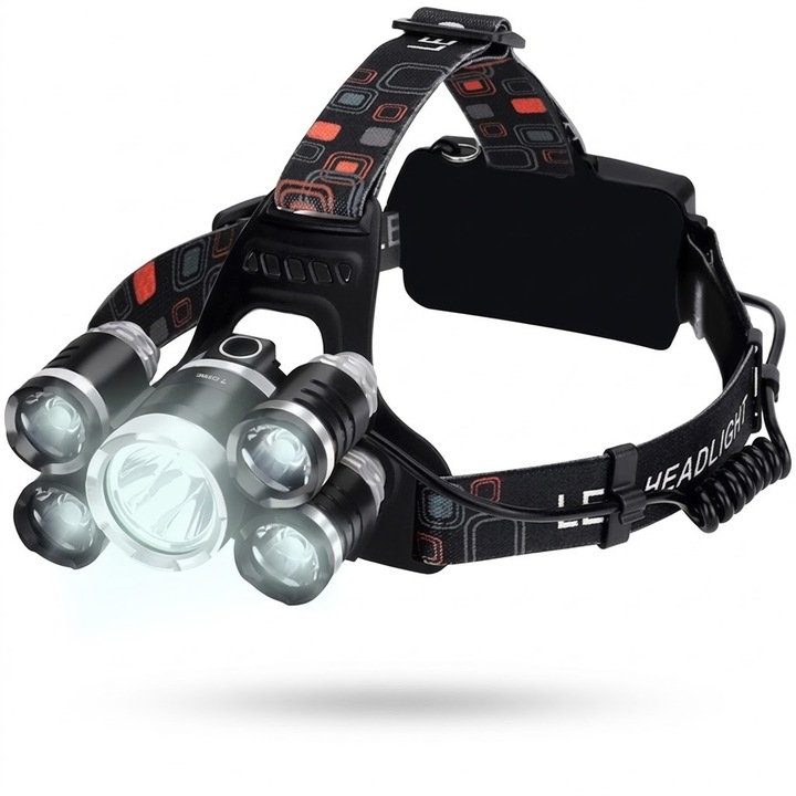 Челен фенер 5 LED Cree T6, Generic, 4 режима на осветление, регулируем ъгъл 90°, регулируема лента, батерия 2x6800mAh, зареждане от мрежа и автомобил, Алуминий ABS Полиестер, Черен