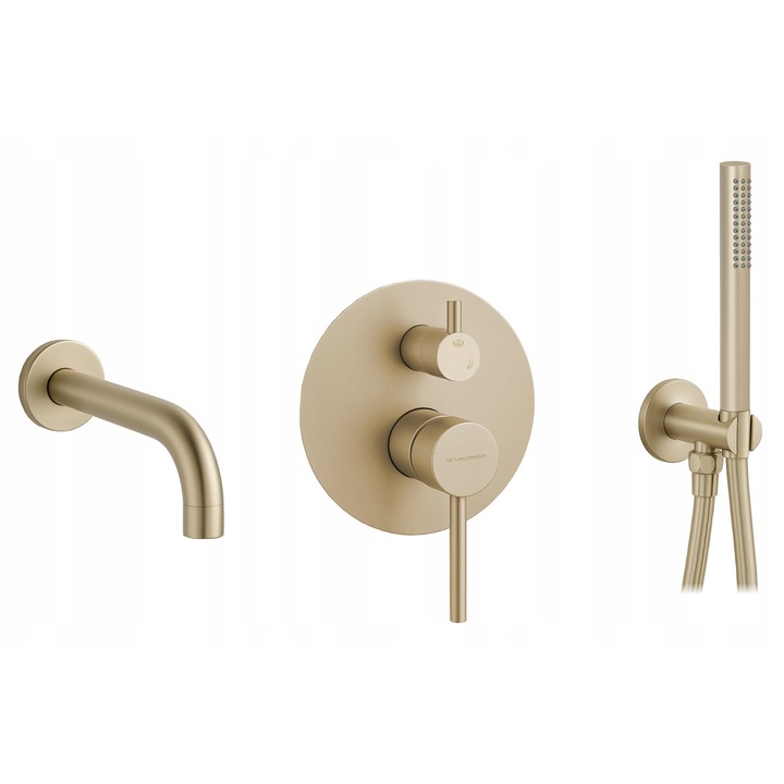 Baterie sanitara subtire Costa, Veldman, 2-functionala, finisaj auriu periat, dimensiuni EBOX 15,5x9,3cm, lungime furtun 150cm