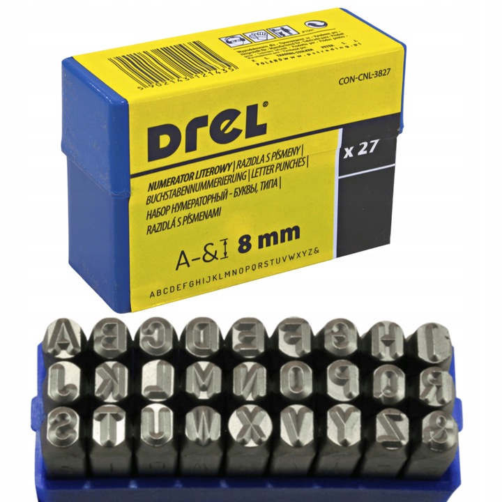 Set marcatori literare Drel, 27 litere, 8mm, 62mm, otel carbon