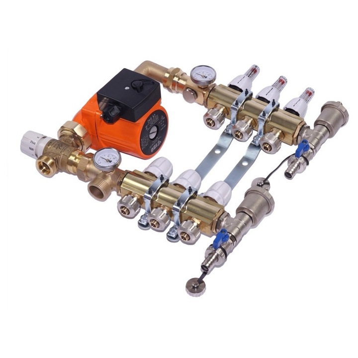 Set distribuitor 2 circuite cu grupa pompare, Capricorn, din bronz, cu termometru, 1"