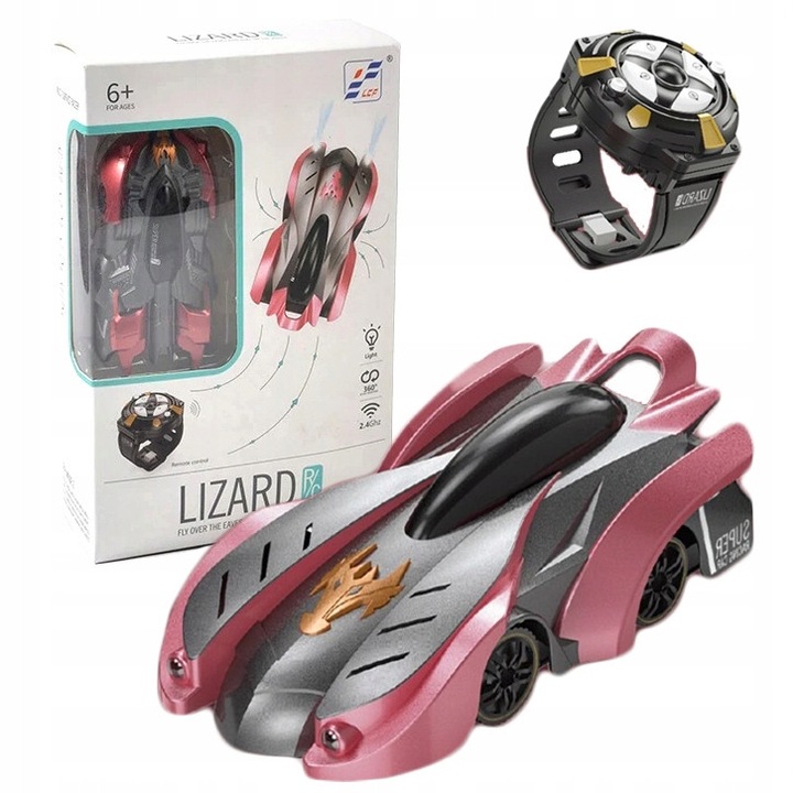 Masinuta zburatoare Norimpex, roz, 10cm, cu telecomanda tip ceas, incarcare USB, lumini