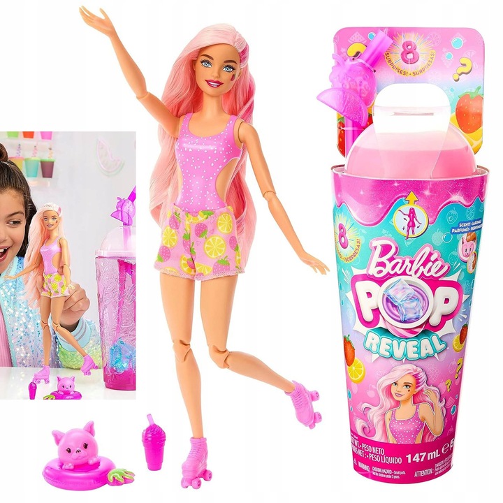 Papusa Barbie Pop Reveal, truskawkowa lemoniada, 8 surprize, 29cm, roz, set
