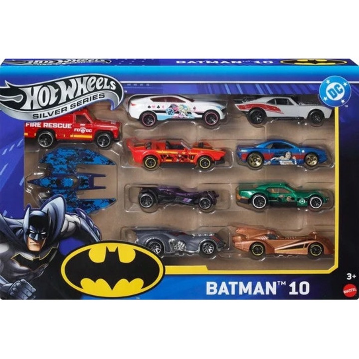Set 10 masinute Hot Wheels, Batman, Batmobil, Batplane, 1:64