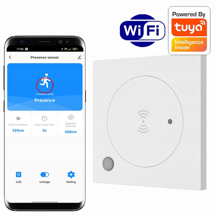 Set senzor de prezenta WiFi RTX, montare pe perete, detectie 120°, alimentare 230V, max. 6m