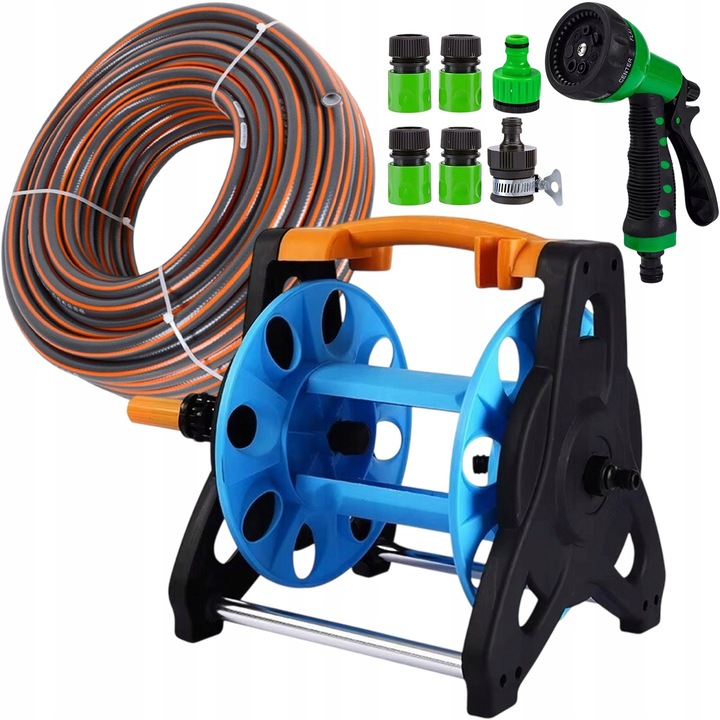 Комплект градински маркуч 30м 1/2", стойка с манивела, пистолет за пръскане със 7 режима, бързи аксесоари