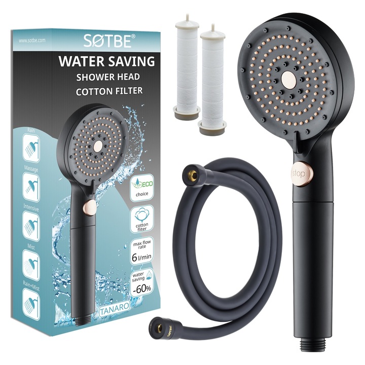 Set para dus cu filtru si furtun 150 cm, negru, SOTBE LARK