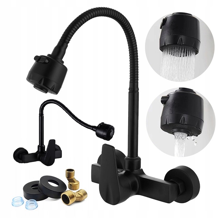 Baterie de bucatarie, neagra mat, cu wylewka FLEX 360, 2 moduri de functionare, set complet de montaj