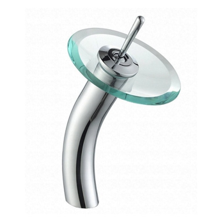 Baterie sanitara Veldman din sticla, montaj pe blat, efect de apafall, transparent, set complet