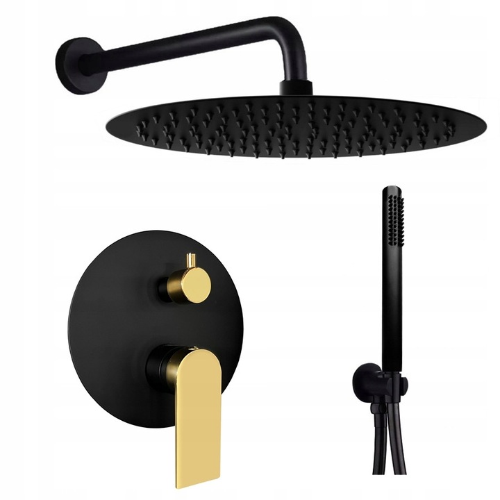 Set podytnic Veldman Livia, 2-functii, negru-auriu, dusul ultra-subtire 30cm, lungime furtun 150cm