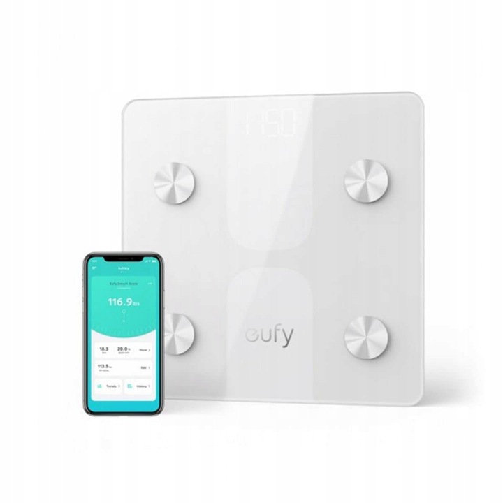 Кантар за тяло Eufy Smart Scale C1, бял, 28x28cm, измерване от 5кг до 180кг, анализ на телесния състав