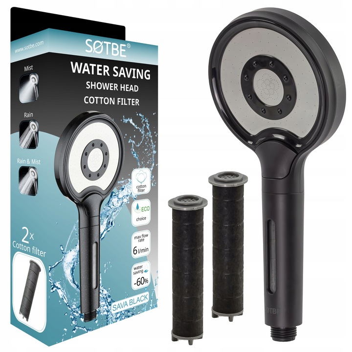 Dus cu filtru, SOTBE SAVA BLACK, 3 functii, 6l/min, negru, 11,5cm