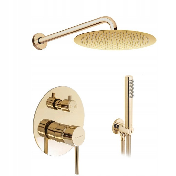 Set de dus Veldman Costa Gold, 2-functii, deschidere rotunda, finisaj auriu, 30x30cm