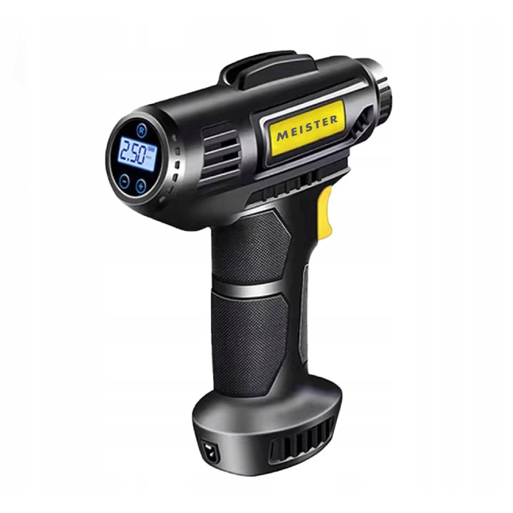 Compresor auto portabil Meister, 100W, 150 PSI, cu acumulator 2000mAh, LED, 17x21x7,5cm