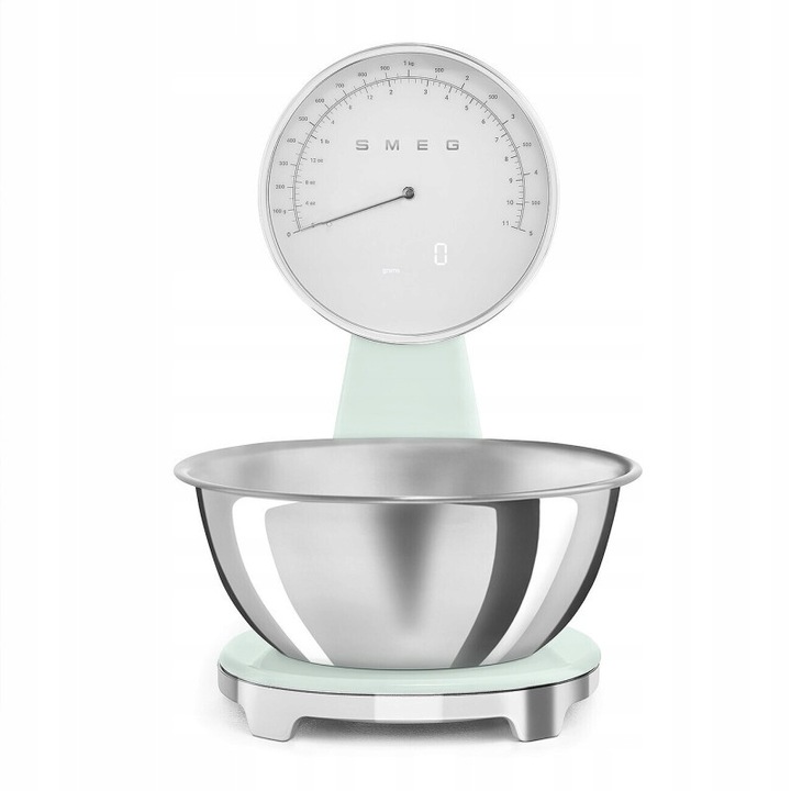 Cantar de bucatarie Smeg, model KSF01PGWW, 5 kg, verde pastel, cu display LCD si bol din otel inoxidabil