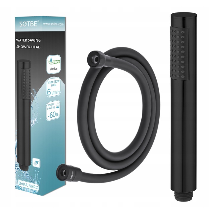 Set de dus SOTBE LARK, dus negru mat, furtun neted 150 cm, debit 6 l/min