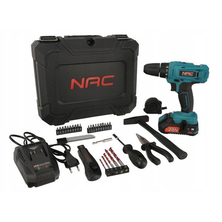 Aparat de gaurit si insurubat NAC CDB-1-LI-20V-TS, set cu acumulator 20V, 30 Nm, 49 accesorii, valiza