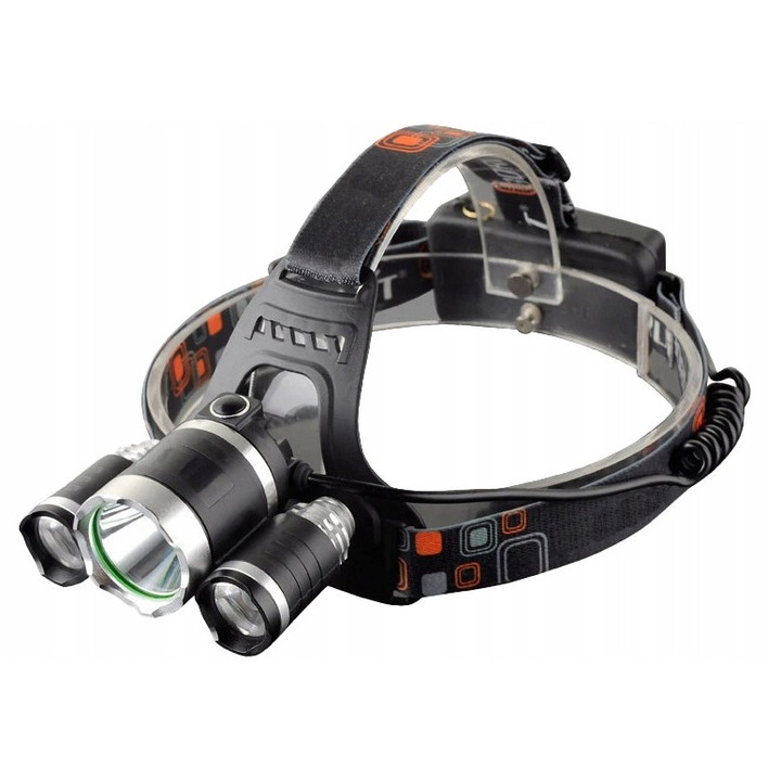 Lanterna frontala cu 3 LED-uri, 4 moduri, 10W, 800lm, set cu 2 acumulatori 18650, incarcare USB